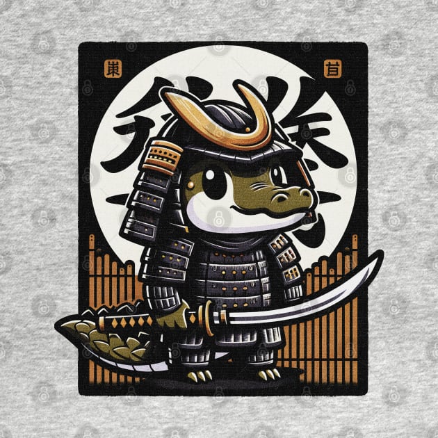 Kawaii Samurai Animal Crocodile Alligator with Katana Cute Japanese Background Word Kanji by EmuftyDesign